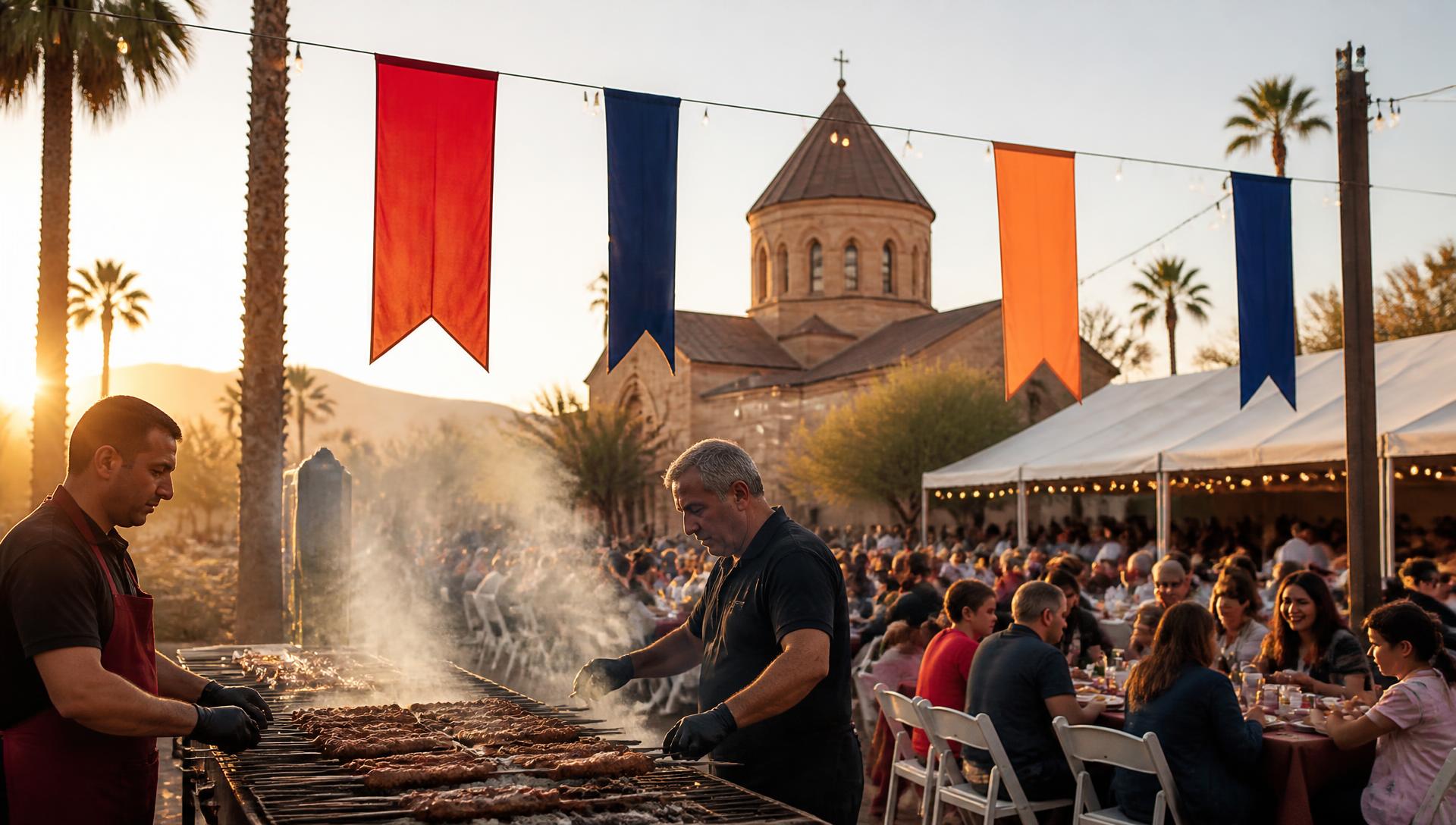 Kebob grilling in the church courtyard as families gather at long tables