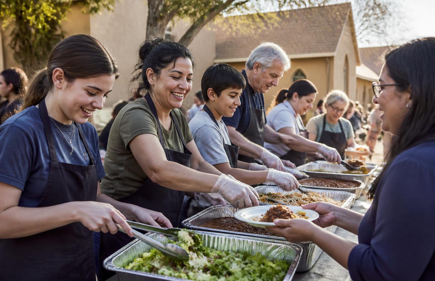 Church festival volunteers plating food together at a serving table