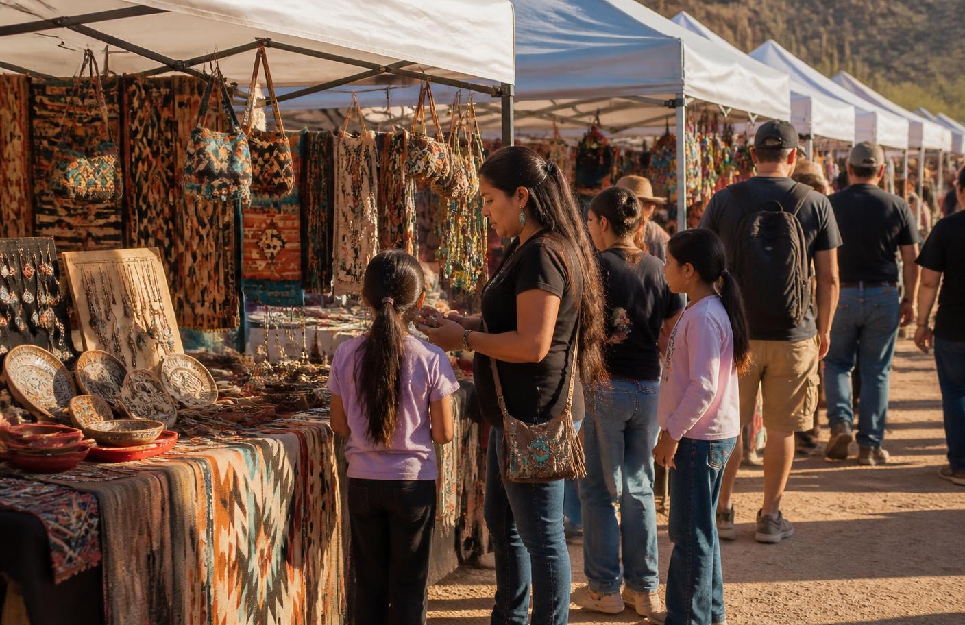 Festival marketplace stalls with handmade goods under white canopies